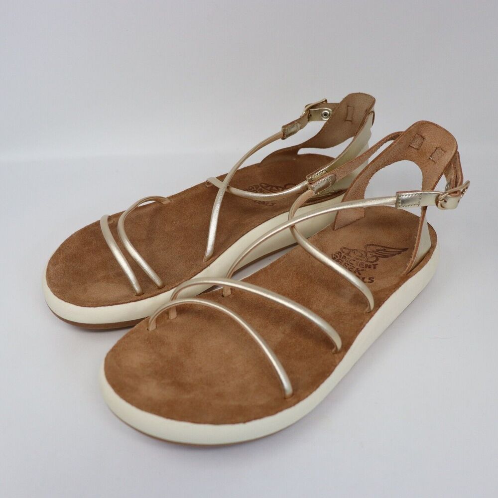 Ancient Greek Sandals Gold and Brown Strappy Suede Footbed Sandals